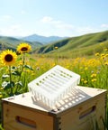 Queen Marker Cage Clip for Beekeeping Durable Plastic Queen Cage Catcher Tool on a beehive box in a flower field