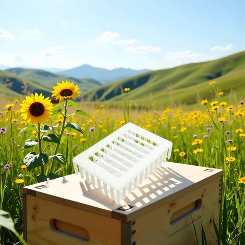 Queen Marker Cage Clip for Beekeeping Durable Plastic Queen Cage Catcher Tool on a beehive box in a flower field