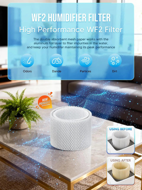 WF2 humidifier filter on a table with text overlay detailing performance and benefits.