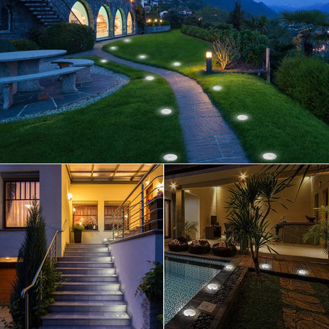 Outdoor Solar Ground Lights 16 Pack No Fuss 8 LED Per Light illuminating pathway and gardens; waterproof, energy-saving design
