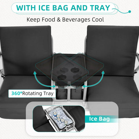 Two Seat Outdoor Porch Swing With Adjustable Canopy Heavy Duty 650 Lb Capacity Patio Swing With Pivot Storage Table And Cup Holders Cushions For Yard Lawn Backyard Hangout Ready showing ice bag and tray