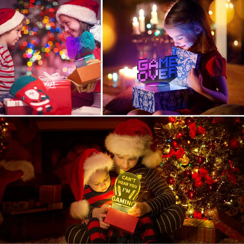 Dope Three Pack 3D Illusion Gamer Night Light With Dual Color Displays And Timer Remote Control Excellent Game Room Decor For Gamers Teens Boys Girls Men Boyfriend featuring Christmas-themed moments with gifts and children opening gaming lights.