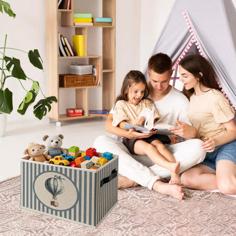 Blue Striped Hot Air Balloon Collapsible Toy Storage Basket With Handles Kid Friendly For Boys Playroom Nursery Decor