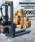 Heavy Duty Electric Pallet Stacker Forklift With Remote Control 661 Lbs Capacity Adjustable Forks Manual Pallet Truck Dolly For Warehouse Industrial Use 1.6 Meter Lifting Height Smooth Operation with 300kg load capacity.