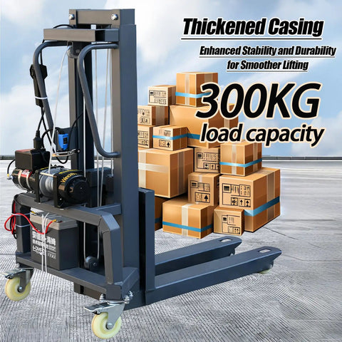 Heavy Duty Electric Pallet Stacker Forklift With Remote Control 661 Lbs Capacity Adjustable Forks Manual Pallet Truck Dolly For Warehouse Industrial Use 1.6 Meter Lifting Height Smooth Operation with 300kg load capacity.