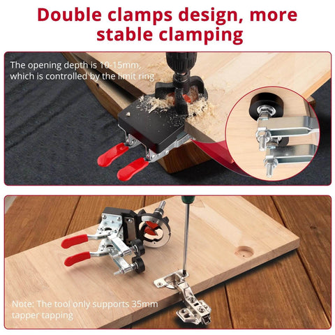 35mm Concealed Door Hinge Jig for Precise Cabinet Installations, pro-grade aluminum frame with adjustable double clamping plates.