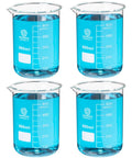 Rock Solid Borosilicate Glass Beaker Set That Works Like A Charm For Chemistry Class College Lab Research and Personal Science Projects featuring four 600ml beakers with blue liquid.