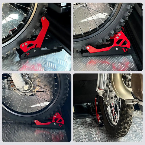 Heavy-Duty Steel Motorcycle Wheel Chock For Trailer Mount Built Tough, Anti-Rust Black And Red Finish, securing bike wheels.
