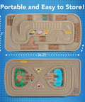 On The Go Kid Friendly Race Track Table With 2-Sided Play Surface For Cars And Trains, Portable No Assembly Toy Table For Ages 3 4 5 6 7, Made In USA, Great For Playrooms And Living Rooms showing dimensions and play surfaces