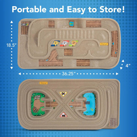 On The Go Kid Friendly Race Track Table With 2-Sided Play Surface For Cars And Trains, Portable No Assembly Toy Table For Ages 3 4 5 6 7, Made In USA, Great For Playrooms And Living Rooms showing dimensions and play surfaces