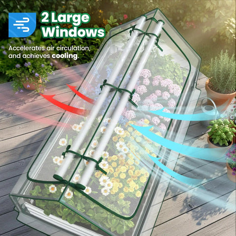 Raised Garden Bed With Cover And Mini Greenhouse Kit featuring two large screen windows for ventilation on a wooden deck
