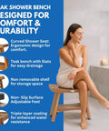Woman sitting on 24 Inch Teak Shower Bench With Storage Shelf Waterproof Bathroom Seat For Adults And Seniors Spa Style Teak Wood Stool With Non Slip Feet Elegant Finish Supports Up To 300 Pounds