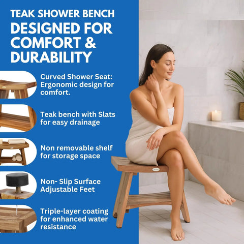 Woman sitting on 24 Inch Teak Shower Bench With Storage Shelf Waterproof Bathroom Seat For Adults And Seniors Spa Style Teak Wood Stool With Non Slip Feet Elegant Finish Supports Up To 300 Pounds