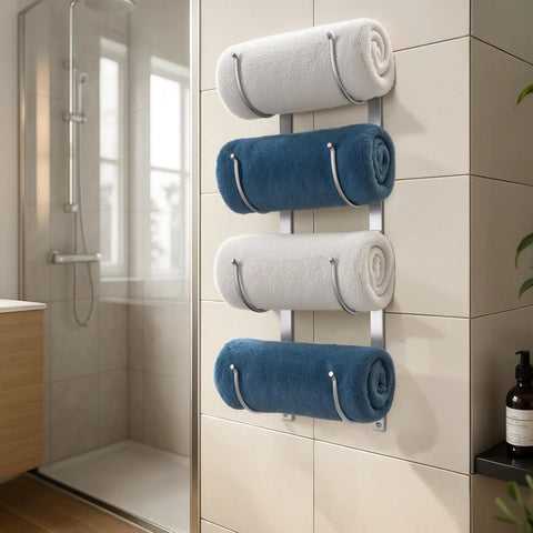 4 Tier Wall Mounted Towel Rack Organizer For Towels Blankets And Bath Sheets Space Saving Storage For Small Bathrooms RV Closets Cabinets