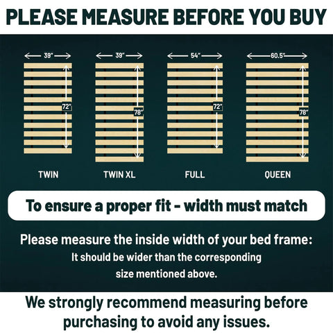 Replacement Wooden Twin Bed Slats For Mattress Support - Fabric Sleeve Locks Down Slat Spacing For Dead Simple Setup - Low Profile Bed Frame Foundation That Holds Tight measurements for twin, twin xl, full, queen sizes on wooden slats.