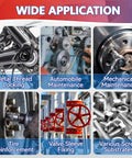 Blue and red thread locker collage for metal fasteners; six panels showing metal locking and automotive maintenance.