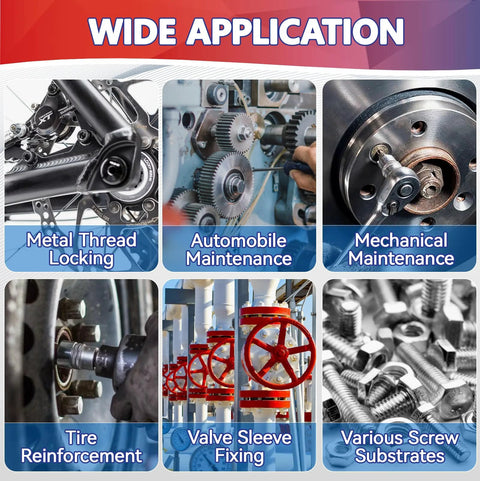 Blue and red thread locker collage for metal fasteners; six panels showing metal locking and automotive maintenance.