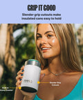 Heavy Duty 12 Oz Can Cooler With Tight Seal Lid Double Wall Vacuum Insulated Stainless Steel Chiller Keeps Beer And Soda Bangin Cold Zero Sweat Build Olive in hands with slender grip cutouts.