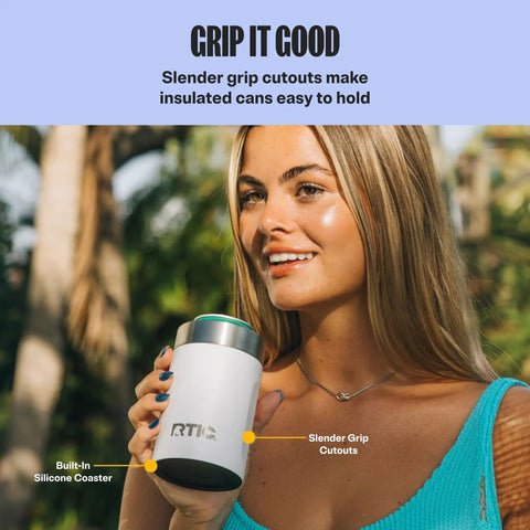 Heavy Duty 12 Oz Can Cooler With Tight Seal Lid Double Wall Vacuum Insulated Stainless Steel Chiller Keeps Beer And Soda Bangin Cold Zero Sweat Build Olive in hands with slender grip cutouts.