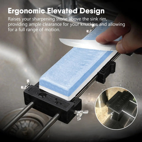 Sink Bridge Whetstone Holder Heavy Duty Stainless Steel Sharpening Stone Base with secure non slip grip elevated for optimal use.