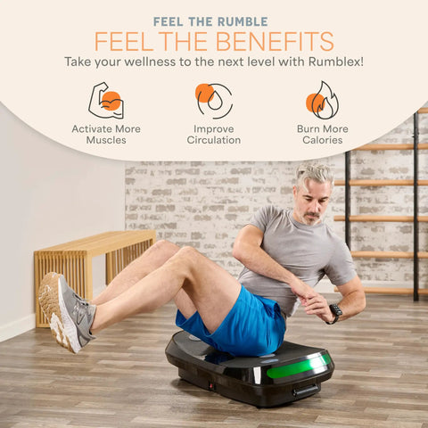Man exercising on Rumblex 4D Vibration Plate Exercise Machine with Triple Motor Oscillation for home workouts and muscle toning.