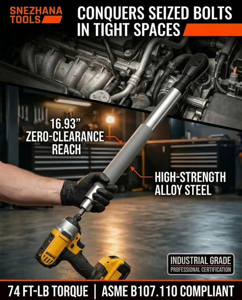Half Inch Offset Extension Wrench With Electric Power And Versatile Three Eighths Inch And One Quarter Inch Square Drive Adapters Impact Ratchet Extender applied in automotive engine bay.