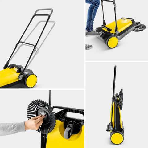 Walk Behind Outdoor Push Sweeper S 4 Twin for Workshops and Garages Cleans Up to 5 Times Faster Than a Broom, side and top views