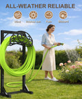 Freestanding Garden Hose Stand With Heavy Duty Water Hose Holder And Tool Hooks Four Anchoring Spikes Holds Up To 150 Ft Of Hose Rust Resistant Coating For Yard And Lawn in garden scene