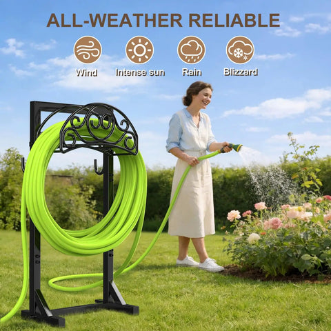 Freestanding Garden Hose Stand With Heavy Duty Water Hose Holder And Tool Hooks Four Anchoring Spikes Holds Up To 150 Ft Of Hose Rust Resistant Coating For Yard And Lawn in garden scene