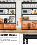 Heavy Duty Metal Storage Shelves 48 x 24 x 72 In Five Tier Adjustable Rack For Garage, Kitchen And Warehouse Ultra Sturdy Versatile Shelving Unit That Grows With Your Stuff, adjustable shelves shown with kitchen items