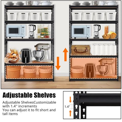 Heavy Duty Metal Storage Shelves 48 x 24 x 72 In Five Tier Adjustable Rack For Garage, Kitchen And Warehouse Ultra Sturdy Versatile Shelving Unit That Grows With Your Stuff, adjustable shelves shown with kitchen items