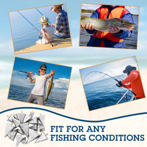 Collage of anglers fishing with 18 Piece Pyramid Fishing Weights Set, 8 Oz Triangle Sinkers For Saltwater, Surf, And Bass Casting Gear