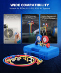 Orion Motor Tech AC manifold gauge set with 5ft hoses and adapters, blue carrying case.