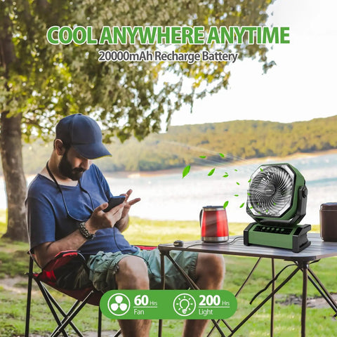 Ultra Powerful 20000mAh Camping Fan With Light And Remote Auto Oscillating Fan Four Timer Modes Up To Sixty Hours Of Cordless Cooling Dual USB Ports To Charge Other Devices Perfect For Travel Outdoors RV Tent And Emergency on a picnic table next to a man outdoors.
