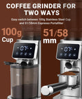 Conical Burr Coffee Grinder with 40mm Stainless Steel Burrs, precision timer, LED touchscreen, two grinding options.