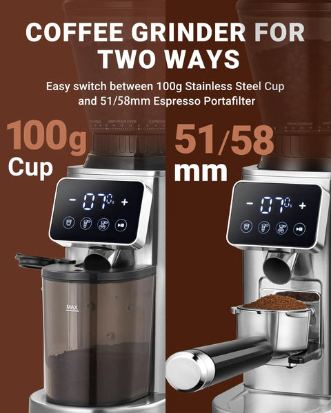 Conical Burr Coffee Grinder with 40mm Stainless Steel Burrs, precision timer, LED touchscreen, two grinding options.