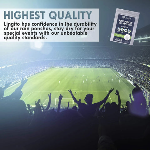 Crowd at a stadium celebrating, with product image for Clear Emergency Rain Ponchos For Adults Thick 0.03mm PE Waterproof Rain Gear inset.