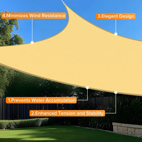 Beige Triangle Shade Sail 8x8x8 Feet Permeable Outdoor Sun Shade Cloth Made From HDPE With Reinforced Stitching And Stainless D Rings 95% UV Block Perfect For Deck Backyard Or Patio Custom Sizes Available installed in a garden