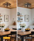 Two Light Black Rustic Wood Farmhouse Flush Mount Ceiling Light Fixture With Totally Vintage Charm Super Durable Finish And No Sweat Install For Awesome Room Style in modern kitchen.