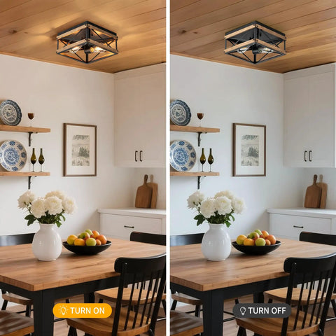 Two Light Black Rustic Wood Farmhouse Flush Mount Ceiling Light Fixture With Totally Vintage Charm Super Durable Finish And No Sweat Install For Awesome Room Style in modern kitchen.