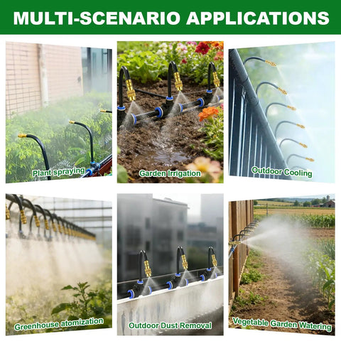 All In One Drip Irrigation Kit With 100 Foot One Quarter Inch Tubing And 30 Brass Nozzles, 360 Degree Adjustable Misting shown in various applications