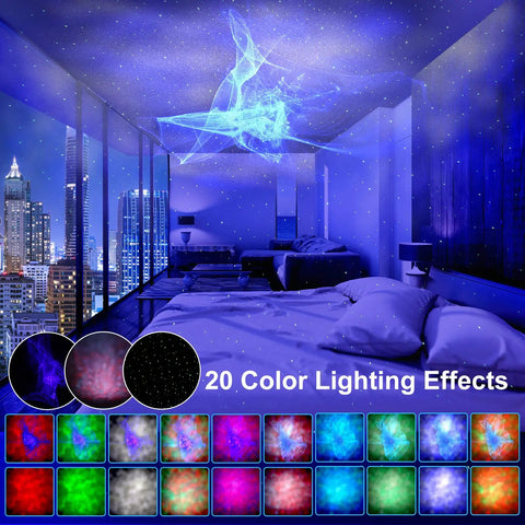 Bedroom with Galaxy Light Projector With 3D Aurora, Dope Night Light For Kids Room, displaying 20 nebula color effects