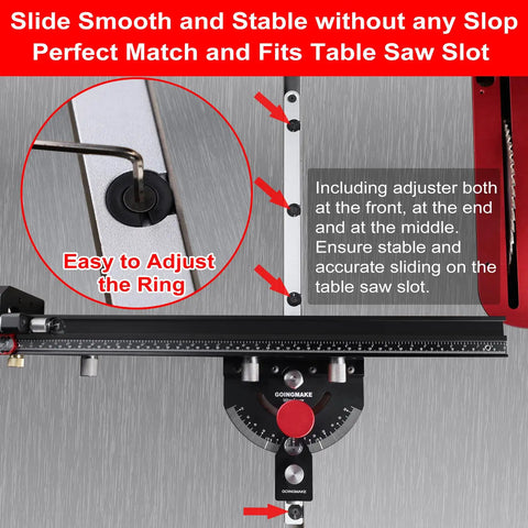 Close-up of Table Saw Miter Gauge With Micro Adjustable Flip Stop And Extendable Fence For Quick Angle Stops And Pro Grade Precision Crosscuts Miter Cuts Fits Three Eighths By Three Quarters Inch T Slot On Woodworking Tables Bandsaw And Router Table.