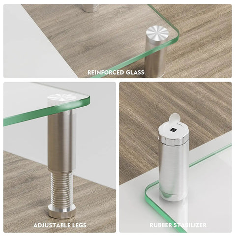 Close-up of 2 Pack Adjustable Monitor Riser Stand For Desk With Height Elevation Ergonomic Lift, showing reinforced glass, adjustable legs, and rubber stabilizer.