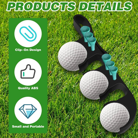 2 In 1 Golf Ball Tees Holder With Quick Release Hook Portable Club Bag Accessory For Men And Women Holds 3 Balls And 6 Tees Durable ABS Material Weatherproof Black on grass background with product highlights.