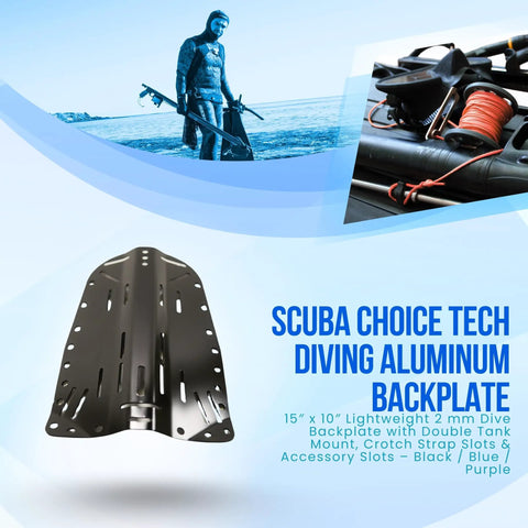 Durable Aluminum Black Backplate For Diving Rig, 15 by 10 inch plate, 2mm thick, with mounting and accessory slots, on display