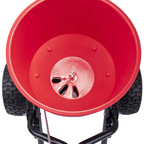 Top view of red 2600A-PLUS Fertilizer Spreader With 40Lb Hopper, all terrain tires, rust proof polypropylene hopper.
