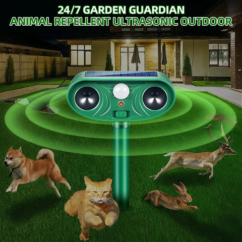 Solar Powered Yard Animal Deterrent With Motion Sensor Ultrasonic Cat Fox Raccoon Rabbit Squirrel Coyote Repeller Waterproof Outdoor Pest Guard For Garden Lawn Farm 2 Pack on stake in garden
