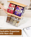 Stackable Pantry Organizers With Bamboo Lids And Clear Bins For Fruits And Vegetables Extra Large Capacity. Clear bins with foods and spices.