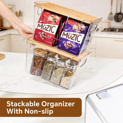 Stackable Pantry Organizers With Bamboo Lids And Clear Bins For Fruits And Vegetables Extra Large Capacity. Clear bins with foods and spices.